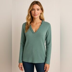 Banana Republic V-Neck Ruffle Sweater Wool Cashmere Green Tunic Size Large